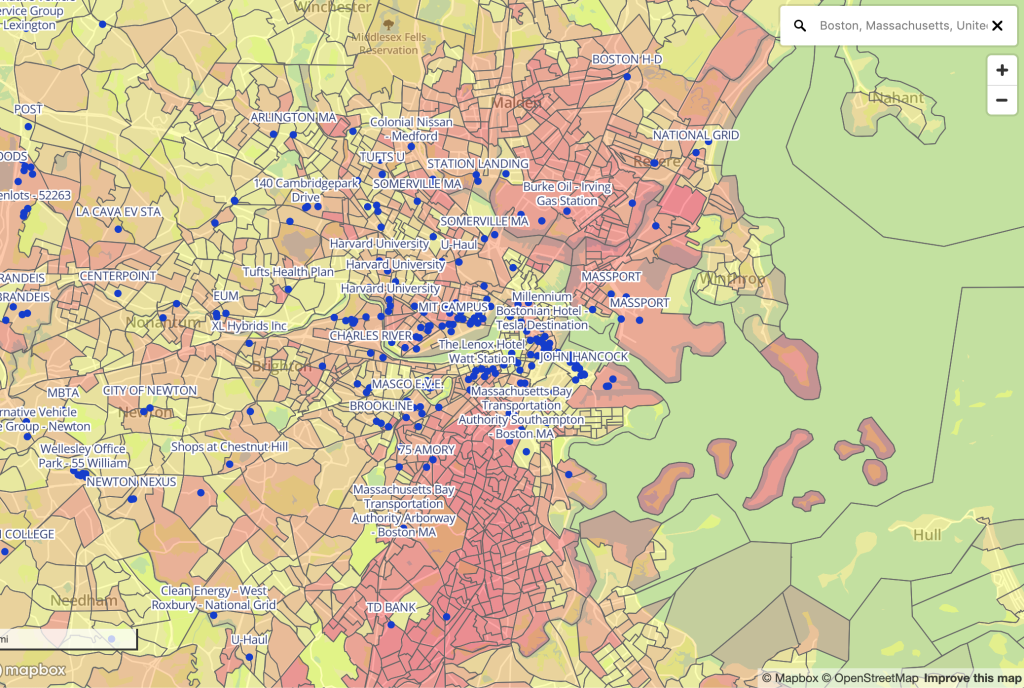 Boston Metro Area Map showing locations of all electric vehicle charging stations