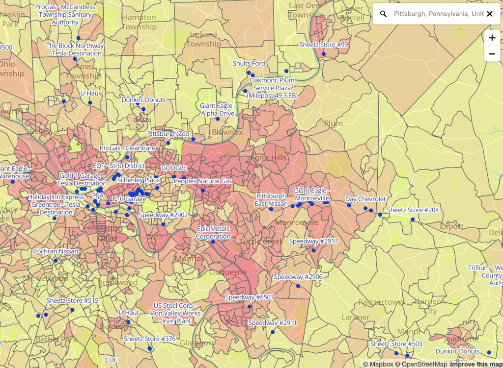 Greater Pittsburgh map showing locations of all electric vehicle charging stations