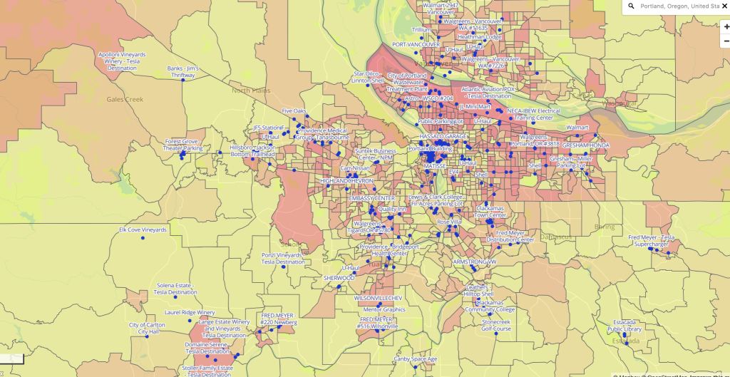 Greater Portland, OR map showing location of all electric vehicle charging stations