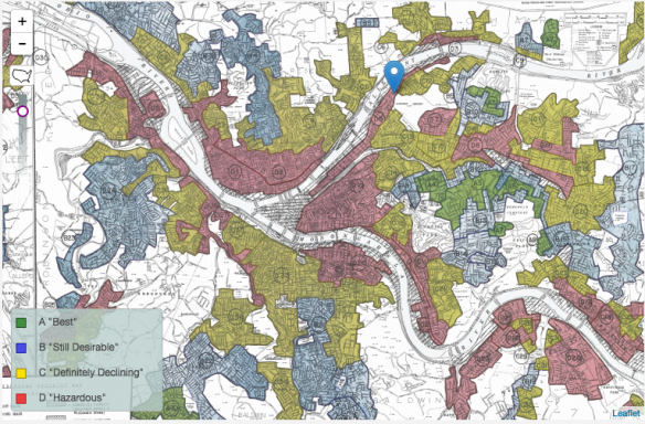 Redlining map of Pittsburgh, courtesy of Univ of Richmond's Mapping Inequality Project