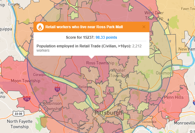 BlastPoint Map showing concentration of retail workers North Pittsburgh suburbs