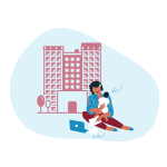 Woman with baby seated in front of apartment building