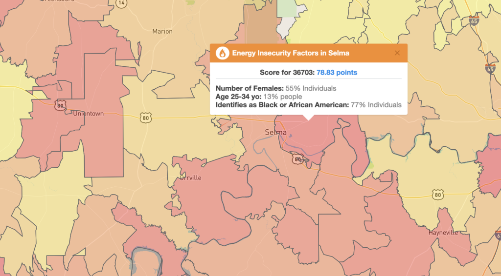 BlastPoint Map Showing Energy Insecure residents of Selma, AL