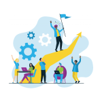 Employees climbing ramp. Background showing cogs and wheels. Man at top claiming victory by planting a flag.