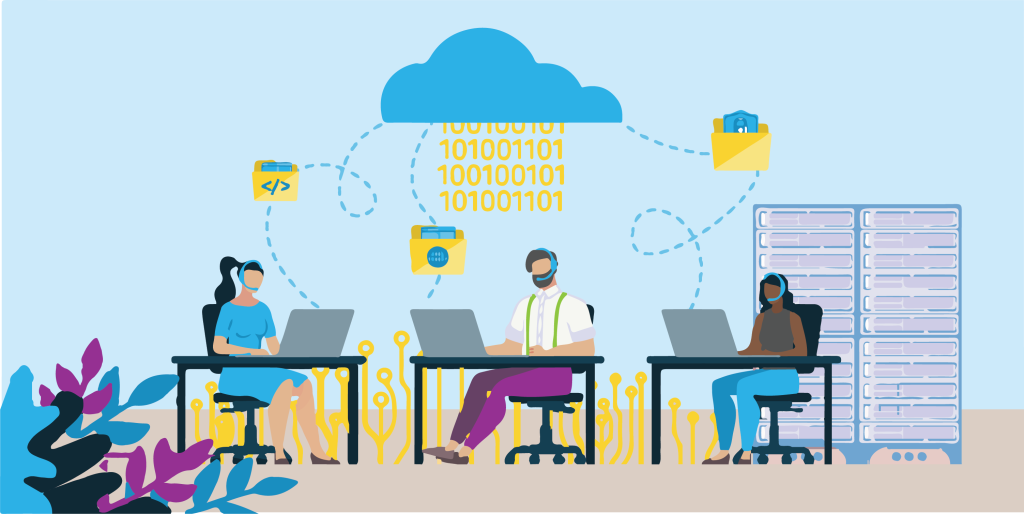 Three employees working on computers to unify data.