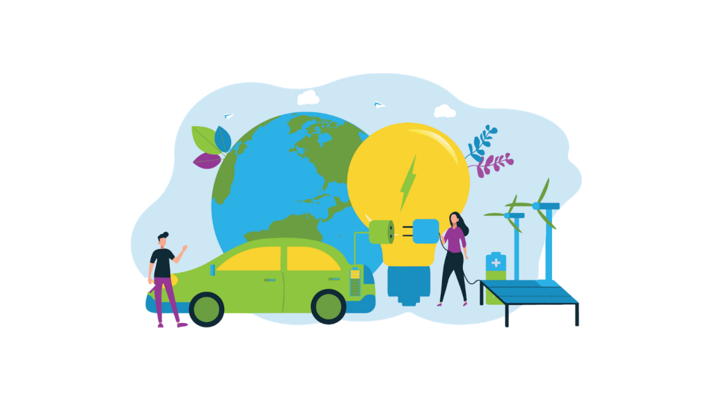 Image showing electric car, earth, a light bulb, wind turbines and people