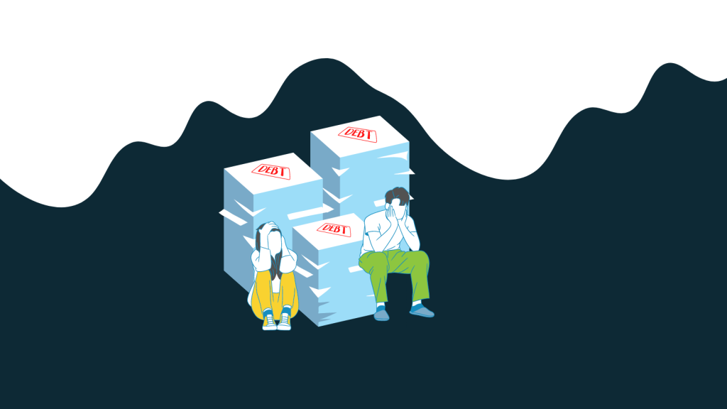 Two people looking stressed out sitting next to enlarged piles of paper symbolizing a pile of debt