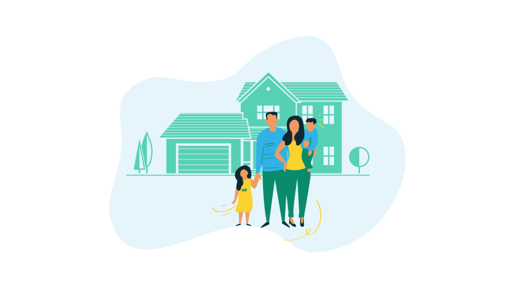 Family of 4 standing in front of suburban house