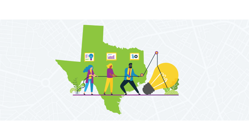 people lifting a lightbulb with Texas in the background