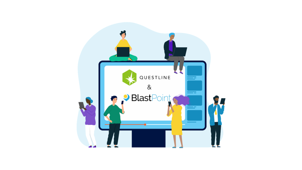 colorful people looking at phones and laptops