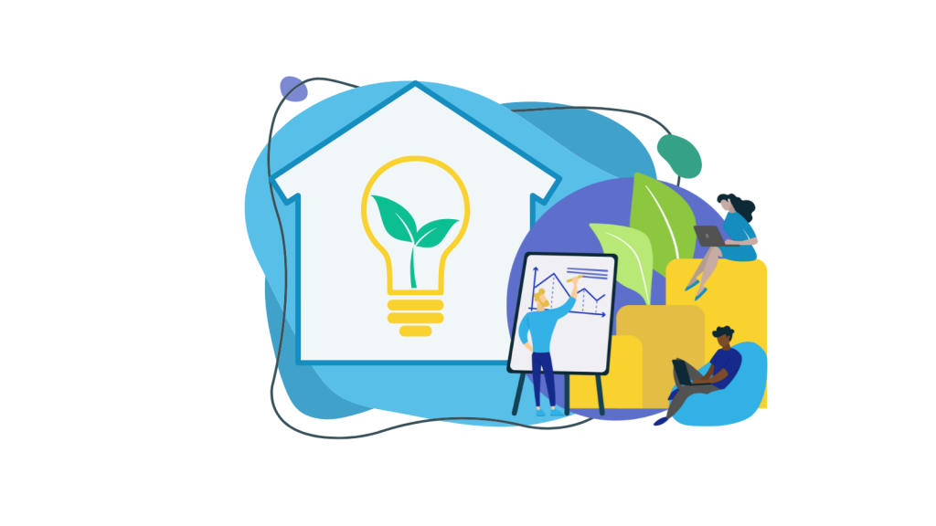 Graphic representing home energy efficiency. House with lightbulb and green leaves.